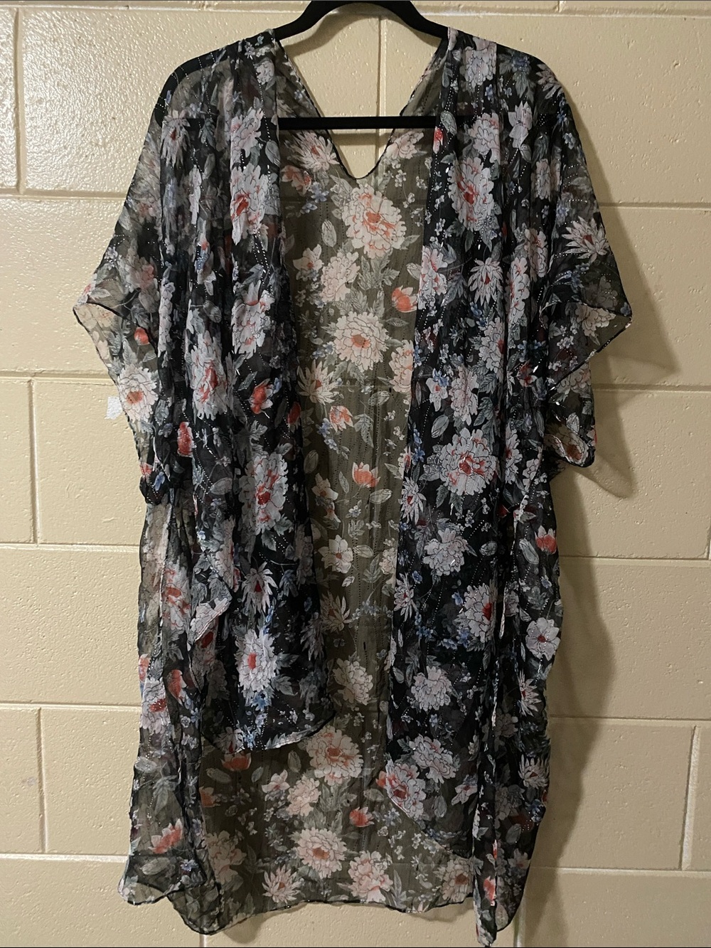 Sheer Floral Kimono Cover-Up in Black with Coral and White Accents